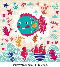 Vector cartoon marine illustration with funny fish. Underwater life. Holiday card