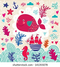 Vector cartoon marine illustration with funny whale. Underwater life. Holiday card