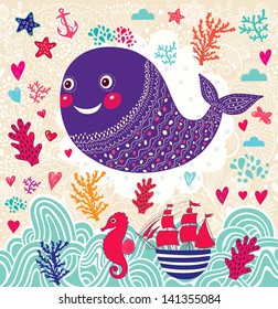 Vector cartoon marine illustration with funny whale. Underwater life. Holiday card