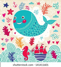 Vector cartoon marine illustration with funny whale. Underwater life. Holiday card