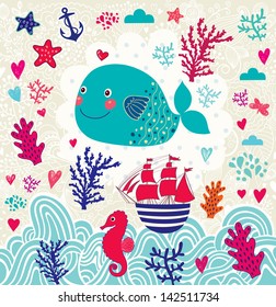 Vector cartoon marine illustration with funny whale. Underwater life. Holiday card