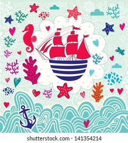 Vector cartoon marine illustration with sail ship. Holiday card