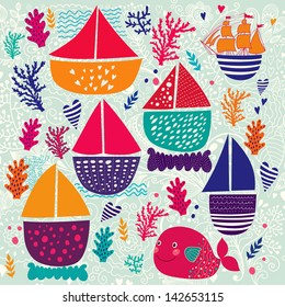  Vector cartoon marine illustration with sail ships