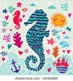 Vector cartoon marine illustration. Underwater life. Holiday card