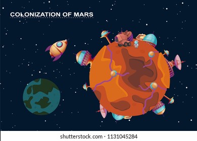 Vector cartoon mars colonization concept. Red planet in space, cosmos with colony buildings for terraforming. Different bases with spaceships. Futuristic technology, sci-fi construction, exploration