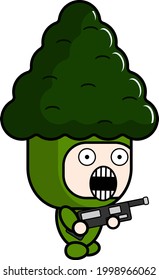 Vektor-Cartoon-Maskottcharakter eines Broccoli-Gemüsesaumes mit einer Waffe