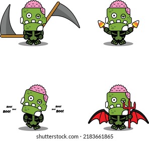 vector cartoon mascot character halloween zombie green cute skull set bundle
