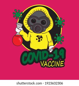 vector cartoon mascot character, logo someone with a mask and body armor holding a chemical for covid 19 vaccine