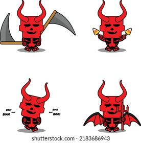 vector cartoon mascot character red devil skull cute halloween set bundle