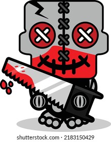 vector cartoon mascot halloween character skull cute voodoo doll holding saw