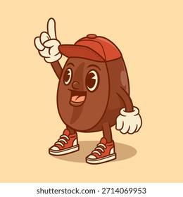 Vector de dibujos animados mascota de un grano de café feliz con una gorra de béisbol y zapatillas de deporte, apuntando hacia arriba