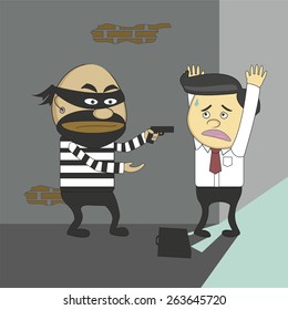 Vector cartoon masked bandits are robbing money business.