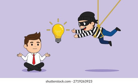 Caricatura de Vector de un ladrón enmascarado que intenta robar una idea de bombilla brillante de un hombre de negocios meditando.