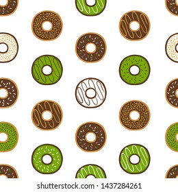 Vector Cartoon Matcha Choco and Marble Glazed Donuts Pattern in White Background