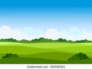 Vector cartoon meadow landscape with grass. Blue sky with white clouds. Flat valley landscape. Empty green field with trees on sunny summer day. Green hills landscape background, empty glade template.