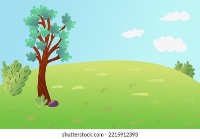 El paisaje de la pradera del vector con hierba. Cielo azul con nubes blancas. Paisaje de valle plano. Campo verde vacío con árboles en el soleado día de verano. Fondo del paisaje de las colinas verdes, plantilla de vidrio vacía.