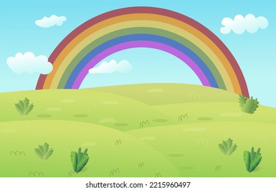 Vector cartoon meadow landscape with grass. Blue sky with white clouds and rainbow. Flat valley landscape. Empty field on sunny summer day. Green hills landscape background, empty glade template.