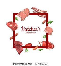Vector cartoon meat elements with place for text in center illustration