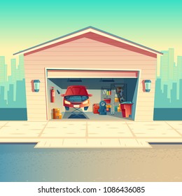 Vector cartoon mechanic workshop with car. Repairing or fixing vehicle in garage. Storeroom with furniture, tools, parts and details. Automobile service near with the road, urban business