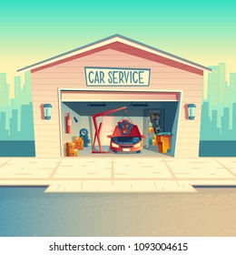 Vector cartoon mechanic workshop with car, installing engine. Repairing, fixing vehicle in garage. Storeroom with tools, parts and details. Automobile service near with the road, urban business