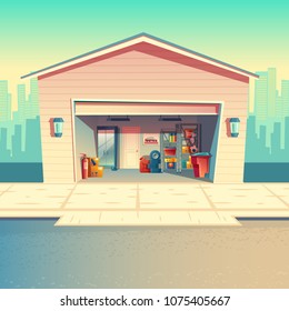 Vector cartoon mechanic workshop, fitting or repair garage. Storeroom with furniture, tools, car parts and details. Automobile service near with the road, urban business