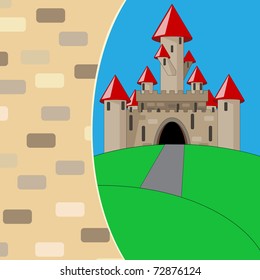 vector cartoon medieval castle seen from hole in the wall