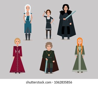 Vector cartoon medieval characters.Lord, queen, bastard, princess.  Flat style.