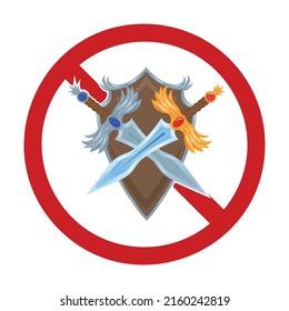 Vektorgrafik mittelalterliche Kreuzworträtsel und Schild in einem roten verbotenen Schild. Die Kriegsgefahr. Verbot von Gewalt und Schlacht. Verbotszeichen für Aufkleber und Symbole