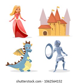 Vector cartoon medieval fairy tale characters, creatures castle set. Illustration fantasy knight armor shield sword, cute mythical dragon, beautiful princess lady in dress crown, kingdom fort building