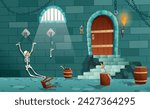 Vector cartoon medieval prison, torture objects. Wooden bunks, barrel, pillory for punishment, window in jail and other elements isolated on white