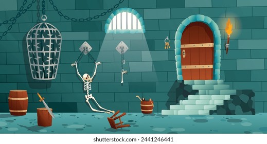 Vector de dibujos animados prisión medieval, objetos de tortura. Literas de madera, barril, picota para el castigo, ventana en la cárcel y otros elementos aislados en blanco