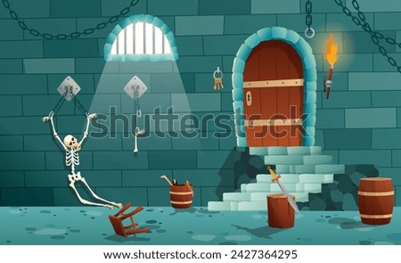 Vector cartoon medieval prison, torture objects. Wooden bunks, barrel, pillory for punishment, window in jail and other elements isolated on white