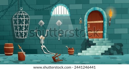 Vector cartoon medieval prison, torture objects. Wooden bunks, barrel, pillory for punishment, window in jail and other elements isolated on white