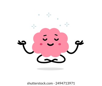 Vector cartoon meditation illustration of cute calm brain character in lotus yoga pose on white color background. Flat doodle style design of smile relax brain for web, site, banner, poster, card