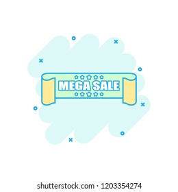 Vector cartoon mega sale ribbon icon in comic style. Discount, sale sticker label sign illustration pictogram. Mega sale tag business splash effect concept.