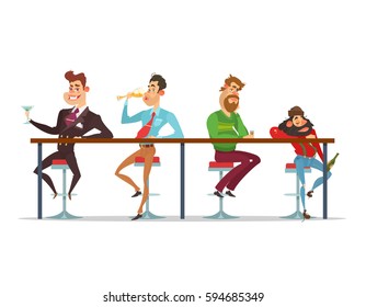 Vector cartoon men sitting at the bar table at various stages of drunkenness