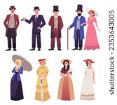 Vector cartoon men, women in classic Victorian style costumes. Ladies wear beautiful aristocratic gowns, hats and accessories. Male wear vintage clothing, elegant suits, hat. Historical fashion set.
