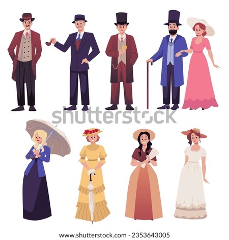 Vector cartoon men, women in classic Victorian style costumes. Ladies wear beautiful aristocratic gowns, hats and accessories. Male wear vintage clothing, elegant suits, hat. Historical fashion set.