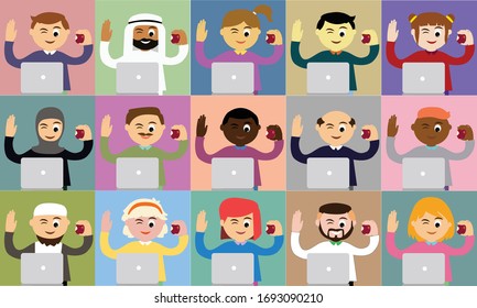 Vector cartoon, men and women communicating with friends in a happy posture by laptop and eating apples. Concept of work from home, COVID-19 virus outbreak, social distancing.
