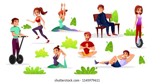 Vector cartoon men, women doing sports in park set. Young male, female characters doing yoga jogging and stretching, riding monowheel, meditating and relaxing. Outdoor leisure activities