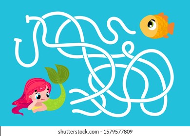 Vector cartoon mermaid and fish in children's style. Vector illustrations for children books. Labyrinth. Educational game for children. 