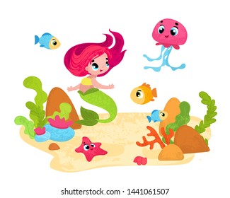Vector cartoon mermaid in underwater world in children's style. Vector illustration in children's style, for children's books, posters, stickers or room decor