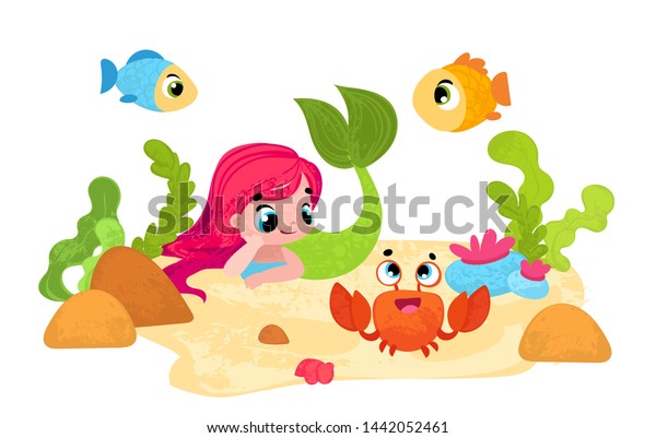 Vector Cartoon Mermaid Underwater World Childrens Stock