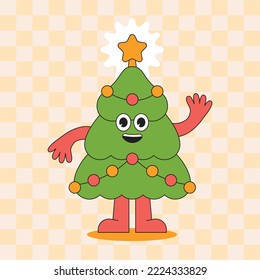 Vector cartoon merry christmas greeting card with funny mascot and character with smiling face and eyes, happy groovy banner and sticker