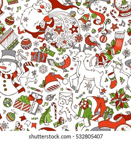 Vector cartoon Merry Christmas seamless pattern. Christmas tree baubles, Santa with sack, snowman, Santa socks, gingerbread man, snowflakes and others.