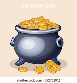 Vector Cartoon metal pot filled with gold coins. Resource gaming element