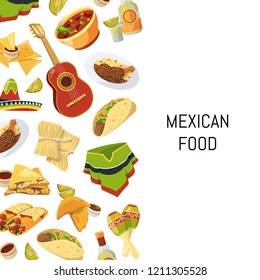 Vector cartoon mexican food background with place for text illustration. Guitar and food