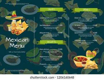 Vector cartoon mexican food cafe or restaurant menu template illustration. Food with price