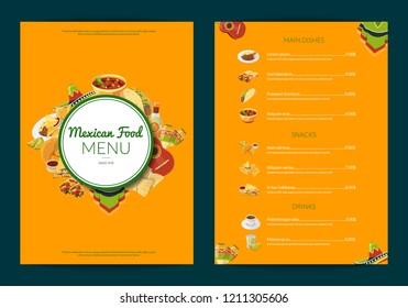 Vector cartoon mexican food cafe or restaurant menu template illustration. Flat style design
