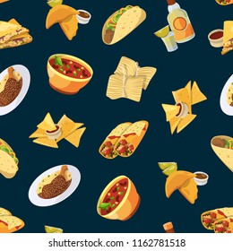 Vector cartoon mexican food pattern or background illustration. Mexico taco and chili, burrito and nachos